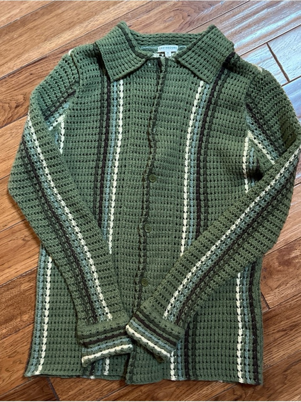 EARTHBOUND Olive Green Knit Button-Up Cardigan with Cream & Brown Stripes